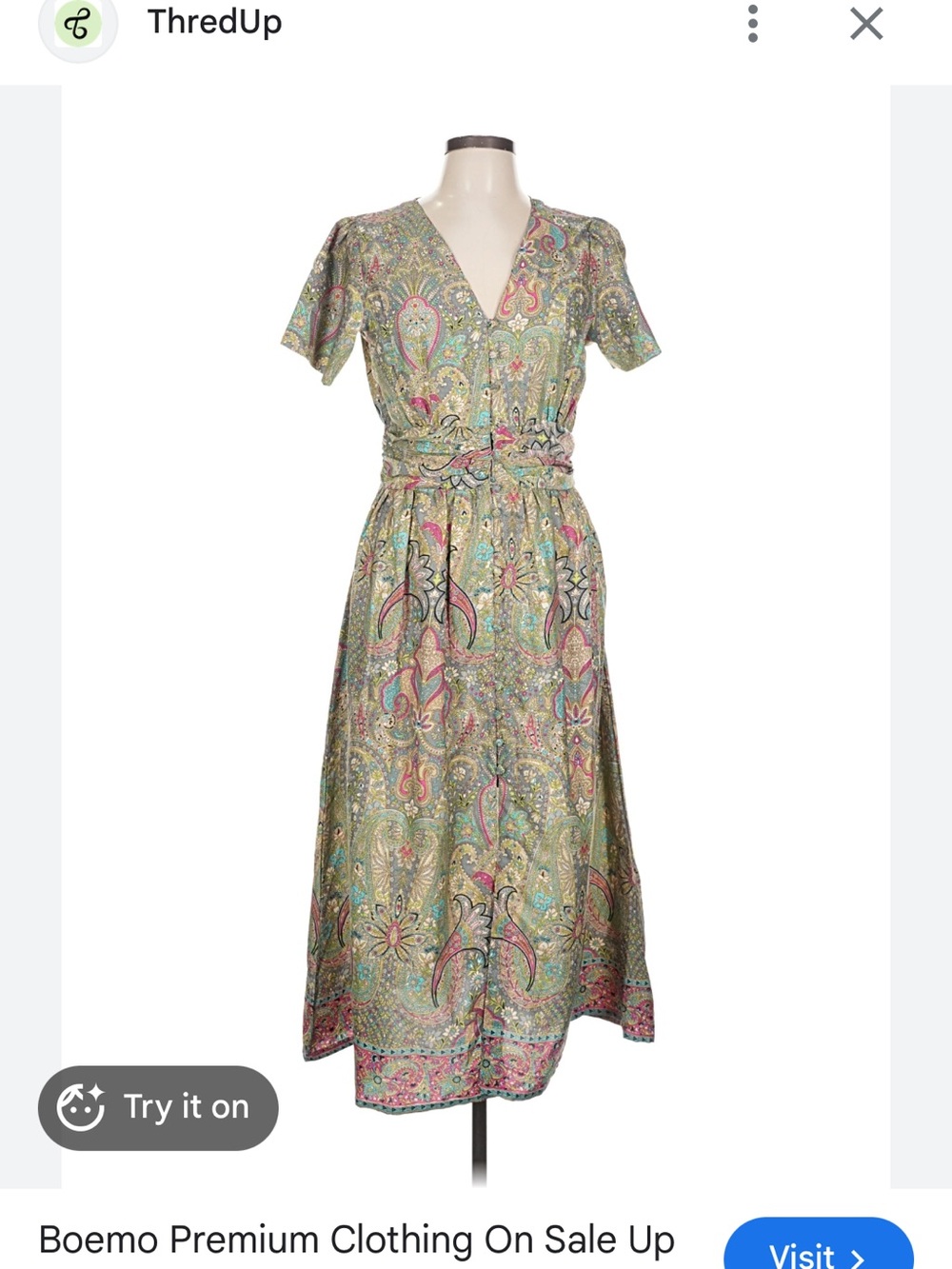 Paisley V‑Neck Midi Dress in Sage Multi — Boho Floral Wrap Style